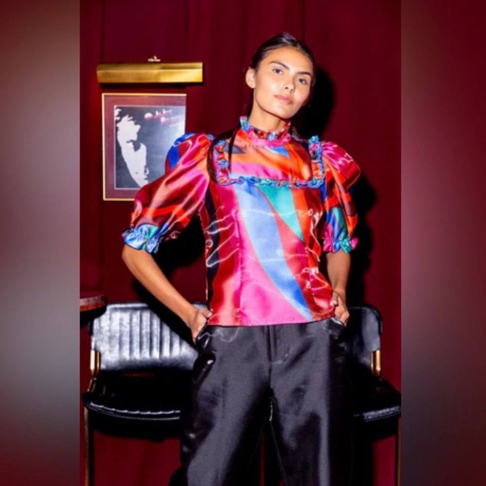 Alden Adair Satin Puff-Sleeve Blouse